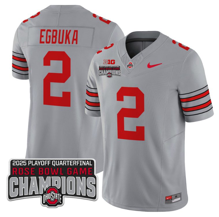 Men's Ohio State Buckeyes #2 Emeka Egbuka F.U.S.E. 2025 Rose Bowl Champions Patch Gray Limited Stitched Jersey