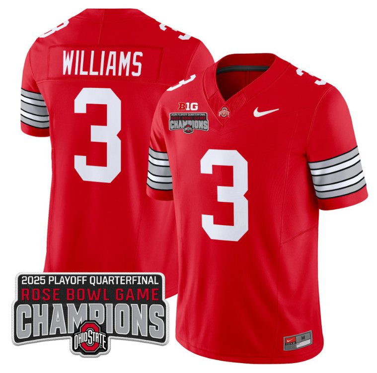 Men's Ohio State Buckeyes #3 Miyan Williams F.U.S.E. 2025 Rose Bowl Champions Patch Red Vapor Limited Stitched Jersey