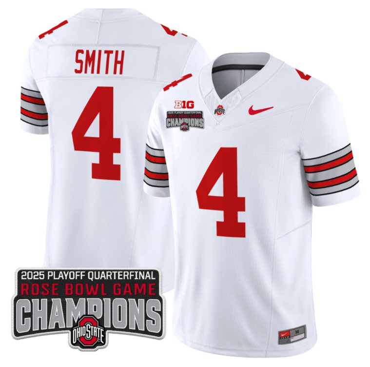 Men's Ohio State Buckeyes #4 Jeremiah Smith F.U.S.E. 2025 Rose Bowl Champions Patch White Vapor Limited Stitched Jersey