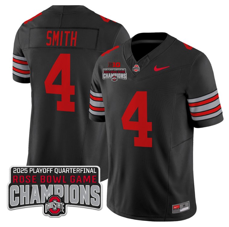 Men's Ohio State Buckeyes #4 Jeremiah Smith F.U.S.E. 2025 Rose Bowl Champions Patch Black Vapor Limited Stitched Jersey