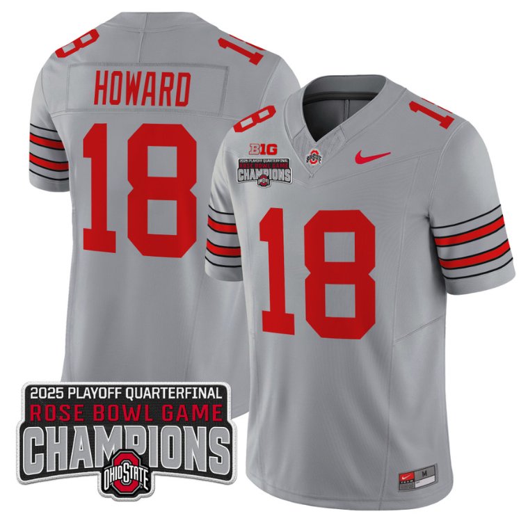 Men's Ohio State Buckeyes #18 Will Howard F.U.S.E. 2025 Rose Bowl Champions Patch Gray Vapor Limited Stitched Jersey