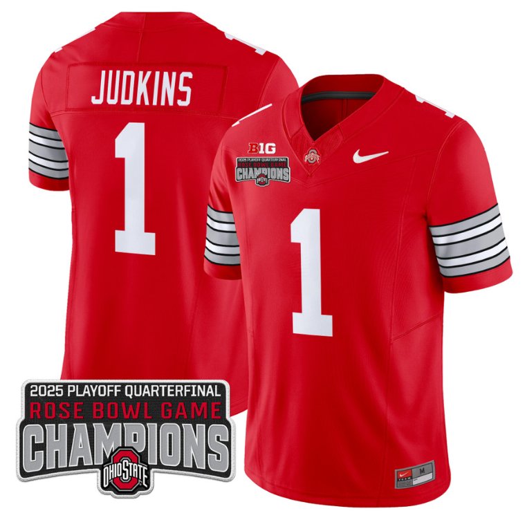 Men's Ohio State Buckeyes #1 Quinshon Judkins F.U.S.E. 2025 Rose Bowl Champions Patch Red Vapor Limited Stitched Jersey