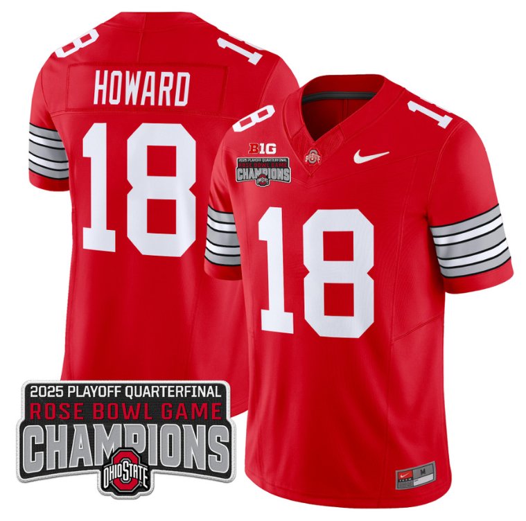 Men's Ohio State Buckeyes #18 Will Howard F.U.S.E. 2025 Rose Bowl Champions Patch Red Vapor Limited Stitched Jersey