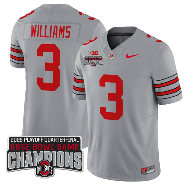 Men's Ohio State Buckeyes #3 Miyan Williams F.U.S.E. 2025 Rose Bowl Champions Patch Gray Vapor Limited Stitched Jersey