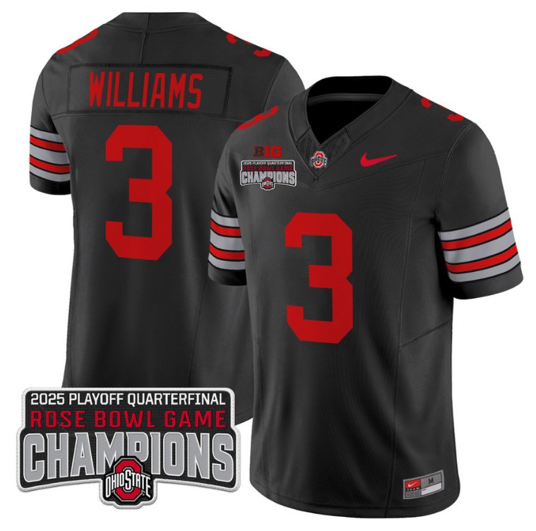 Men's Ohio State Buckeyes #3 Miyan Williams F.U.S.E. 2025 Rose Bowl Champions Patch Black Vapor Limited Stitched Jersey