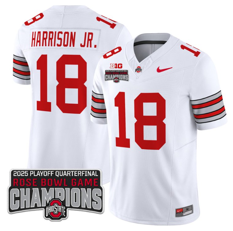 Men's Ohio State Buckeyes #18 Marvin Harrison Jr F.U.S.E. 2025 Rose Bowl Champions Patch White Vapor Limited Stitched Jersey