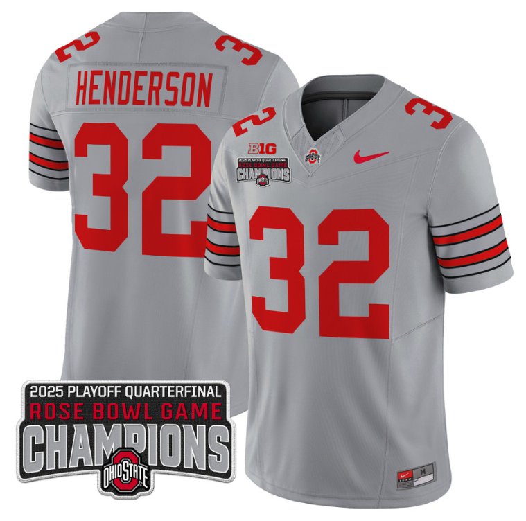 Men's Ohio State Buckeyes #32 Treveyon Henderson F.U.S.E. 2025 Rose Bowl Champions Patch Gray Vapor Limited Stitched Jersey