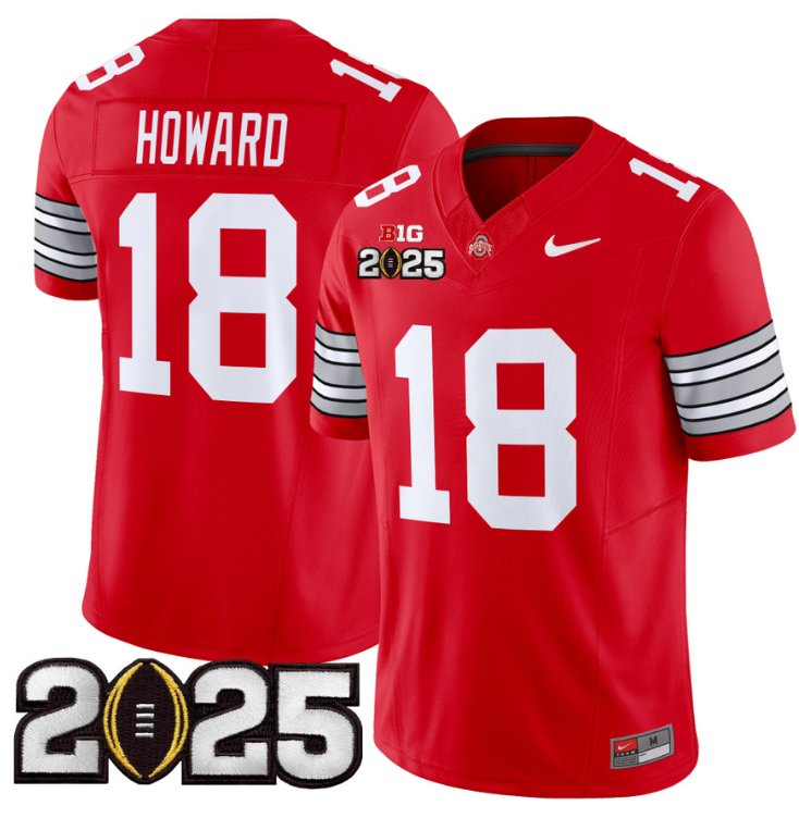 Men's Ohio State Buckeyes #18 Will Howard F.U.S.E. 'Heritage Stripe' 2025 CFP Final Patch Red Vapor Limited Stitched Jersey