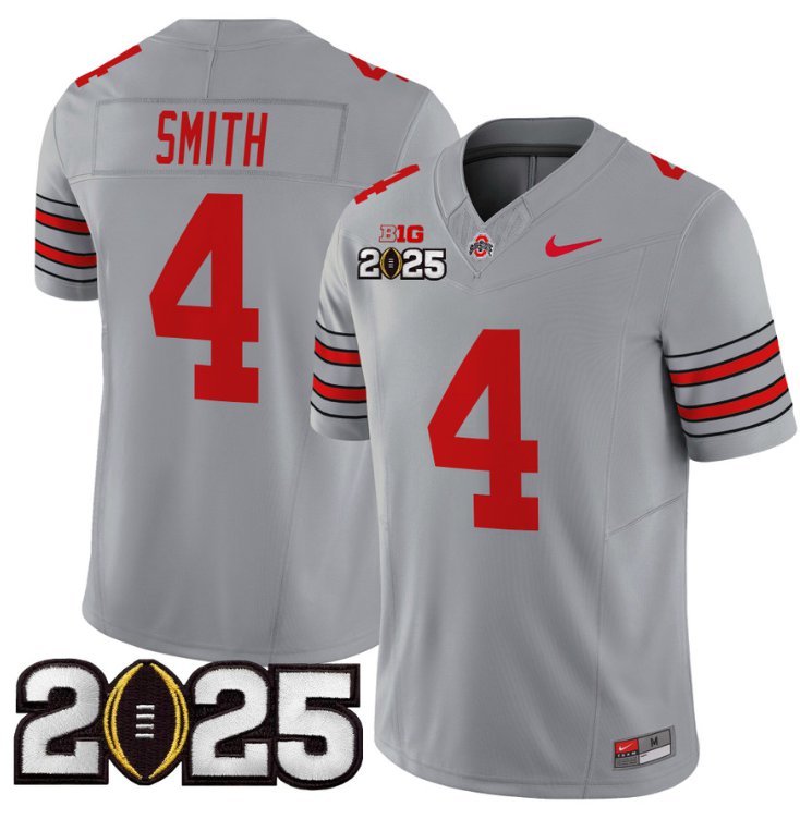 Men's Ohio State Buckeyes #4 Jeremiah Smith F.U.S.E. 'Heritage Stripe' 2025 CFP Final Gray Vapor Limited Stitched Jersey