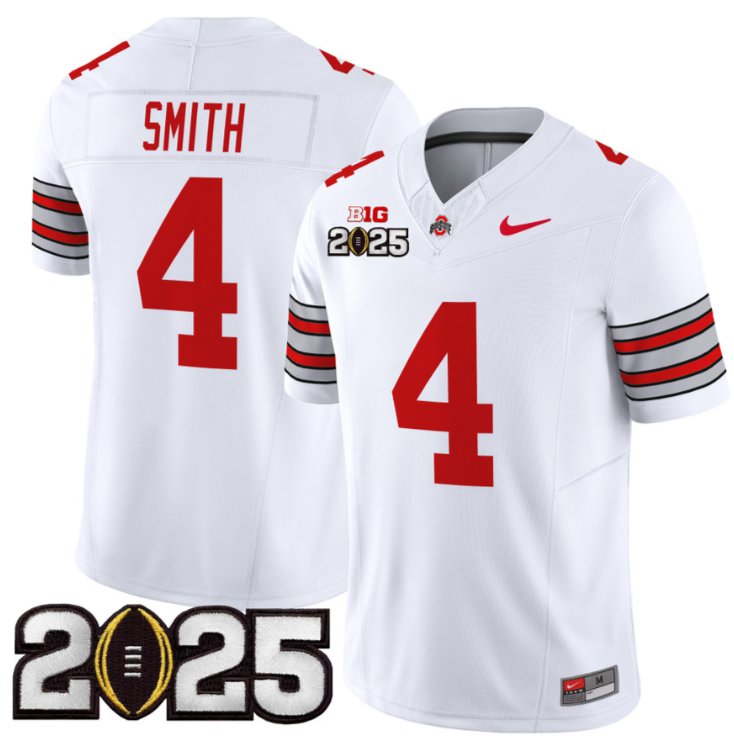 Men's Ohio State Buckeyes #4 Jeremiah Smith F.U.S.E. 'Heritage Stripe' 2025 CFP Final White Vapor Limited Stitched Jersey