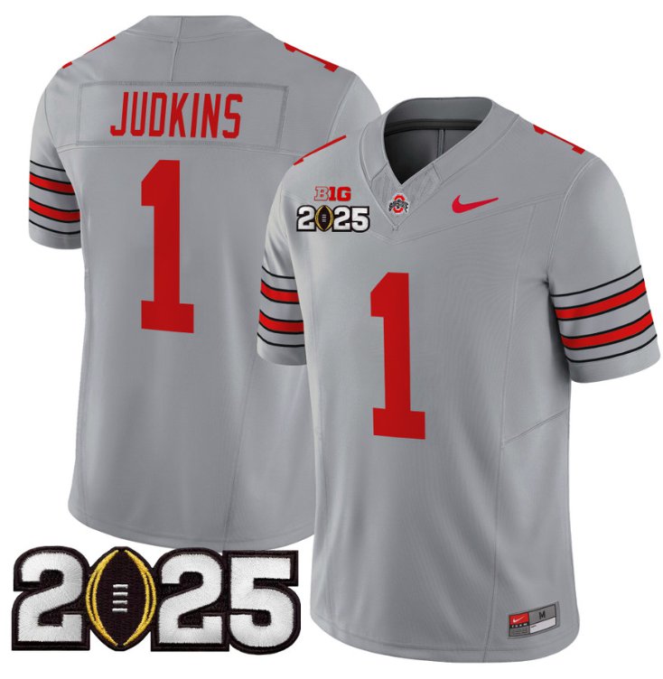 Men's Ohio State Buckeyes #1 Quinshon Judkins F.U.S.E. 'Heritage Stripe' 2025 CFP Final Gray Vapor Limited Stitched Jersey