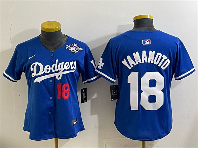 Women's Los Angeles Dodgers #18 Yoshinobu Yamamoto Royal 2025 World Series Patch Limited Stitched Baseball Jersey(Run Small)