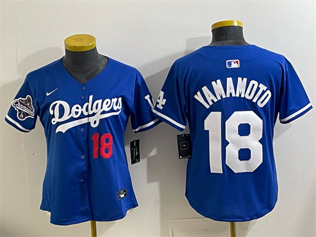 Women's Los Angeles Dodgers #18 Yoshinobu Yamamoto Royal 2025 World Series Champions Patch Limited Stitched Baseball Jersey(Run Small)