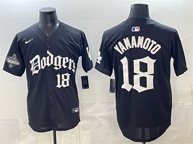 Men's Los Angeles Dodgers #18 Yoshinobu Yamamoto Black LA Gothic Style With 2025 World Series Champions Patch Vapor Premier Limited Stitched Baseball Jersey