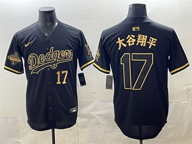 Men's Los Angeles Dodgers #17 大谷翔平 Black Gold 2025 World Series Champions Patch Limited Stitched Baseball Jersey