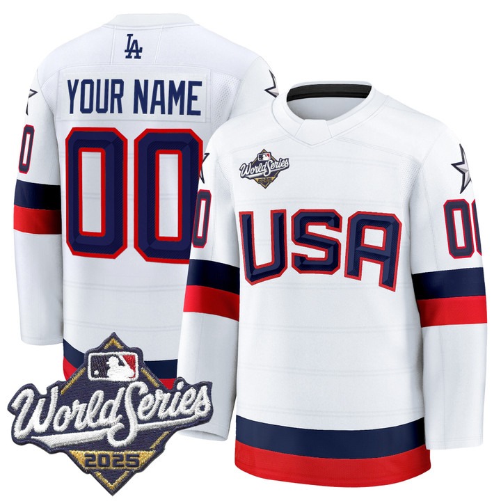 Men's Los Angeles Dodgers Custom 'USA Hockey Style' 2025 World Series Premium Stitched Jersey - White
