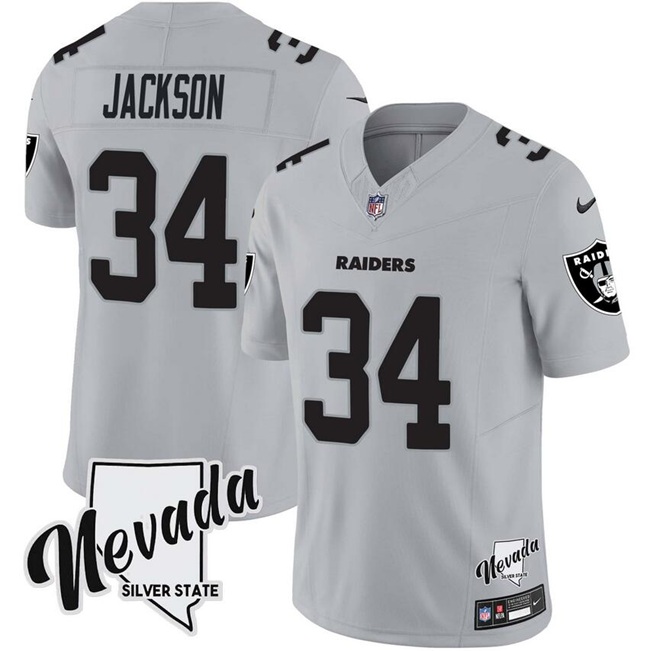 Men's Las Vegas Raiders #34 Bo Jackson Grey F.U.S.E With Nevada Silver Stat Patch Vapor Stitched Football Jersey