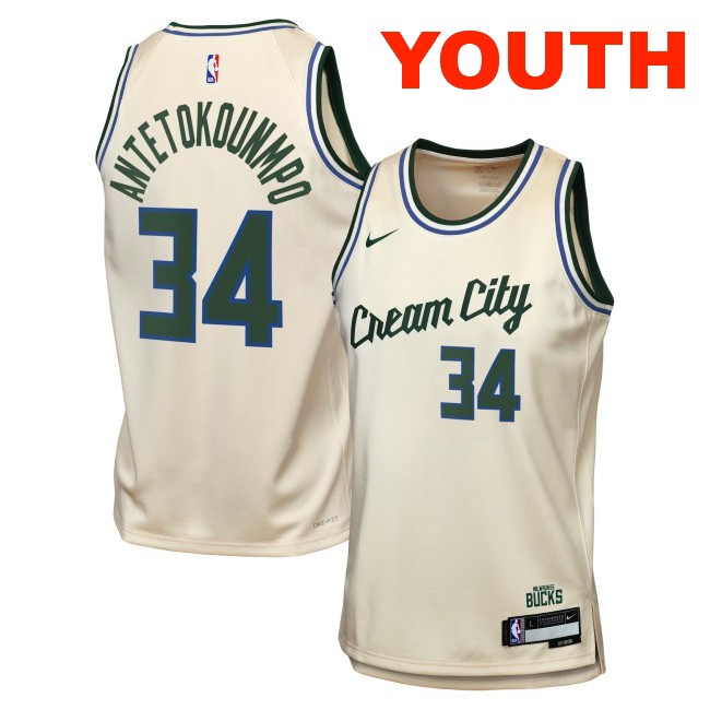 Youth Milwaukee Bucks #34 Giannis Antetokounmpo Cream 2025-26 City Edition Swingman Stitched Jersey