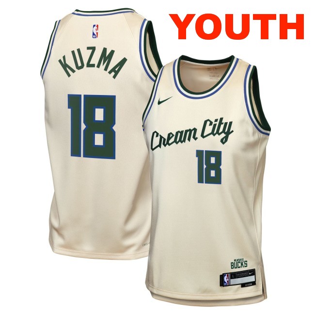 Youth Milwaukee Bucks #18 YouthKyle Kuzma Cream 2025-26 City Edition Swingman Stitched Jersey