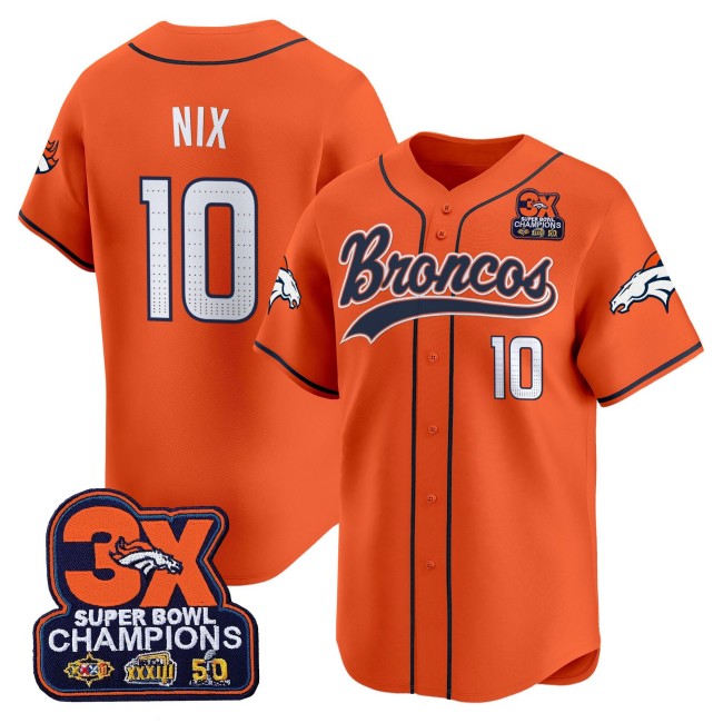 Men's Denver Broncos #10 Bo Nix Orange 2025 Baseball 3X-SBC Patch Nike Limited Stitched Jersey