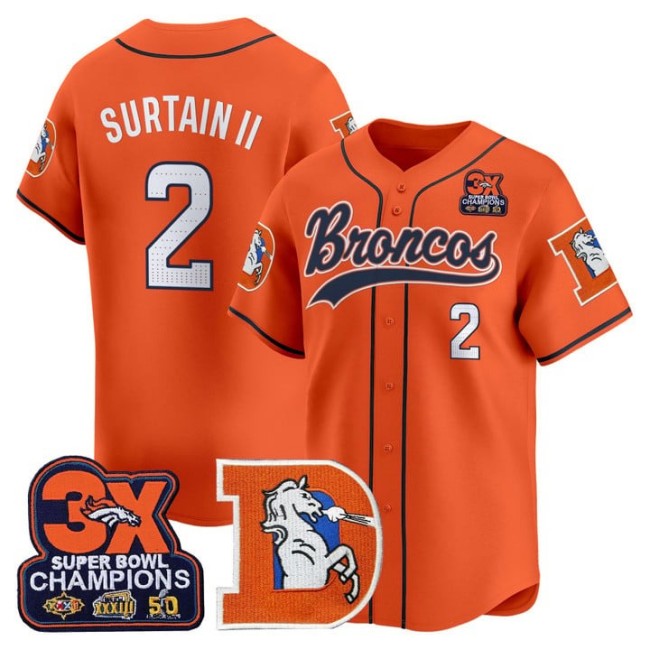 Men's Denver Broncos #2 Patrick Surtain II Throwback 3X-SBC Patch 2025 Nike Limited Stitched Baseball Jersey Orange