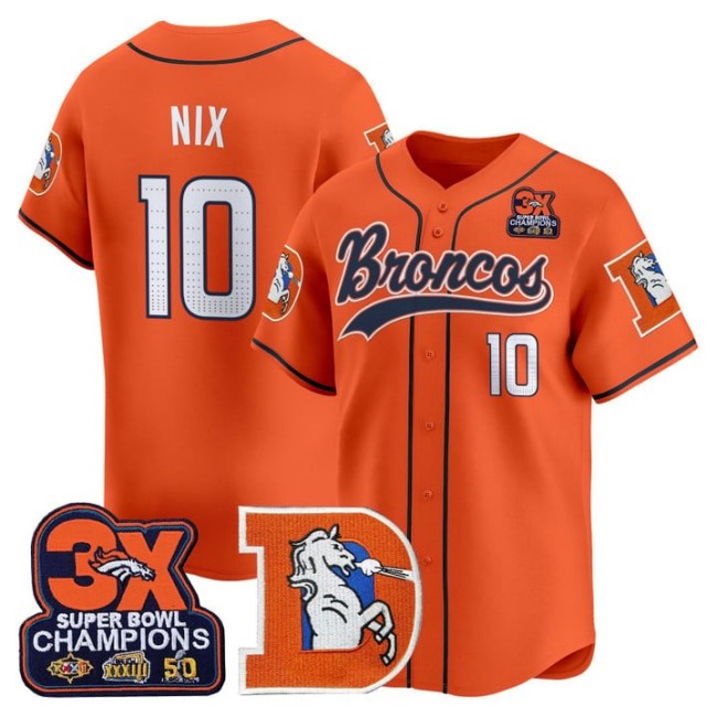 Men's Denver Broncos #10 Bo Nix Throwback 3X-SBC Patch 2025 Nike Limited Stitched Baseball Jersey Orange