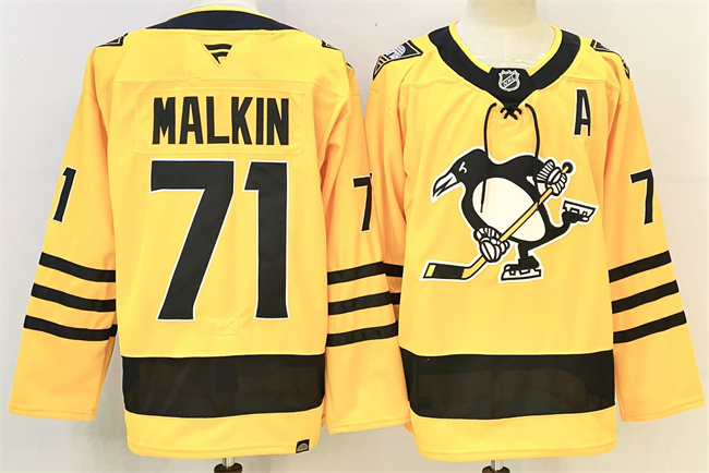 Men's Pittsburgh Penguins #71 Evgeni Malkin Gold 2025-26 With A Patch  Alternate Stitched Hockey Jersey