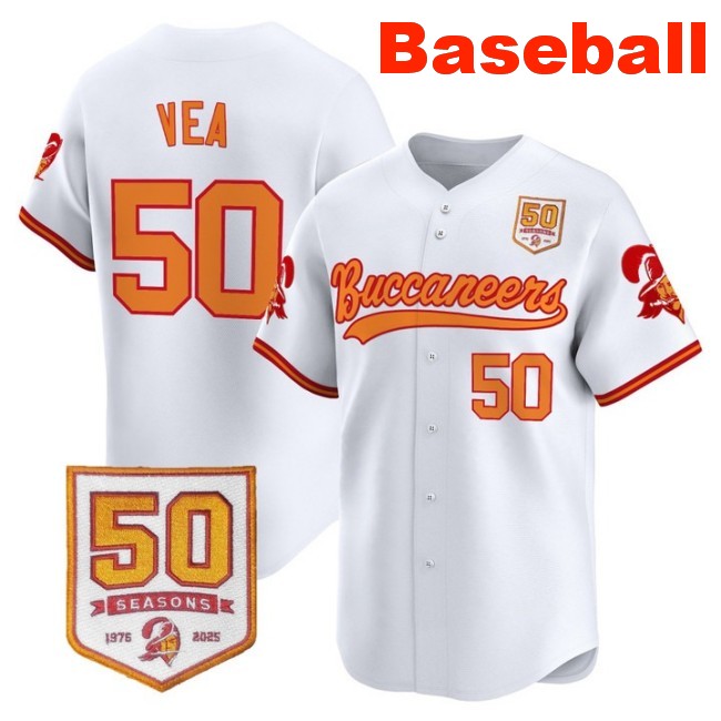 Men's Tampa Bay Buccaneers #50 Vita Vea Baseball Throwback Nike Limited Stitched Jersey With 50th Season Patch White