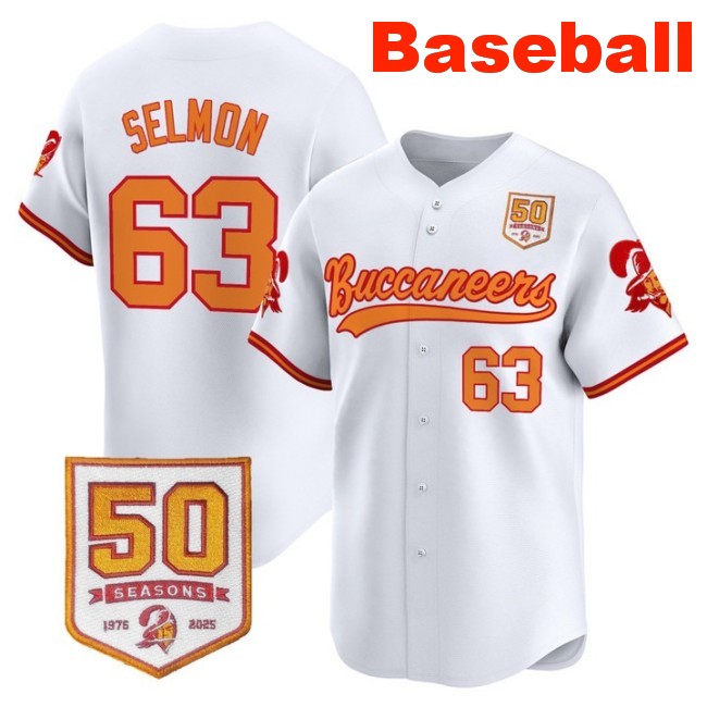 Men's Tampa Bay Buccaneers #63 Lee Roy Selmon Baseball Throwback Nike Limited Stitched Jersey With 50th Season Patch White