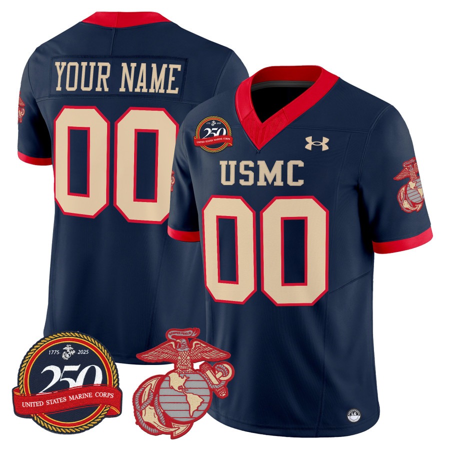Men's United States Marine Corps Custom football with 250th Anniversary Patch Vapor fuse Limited Stitched Jersey Navy blue