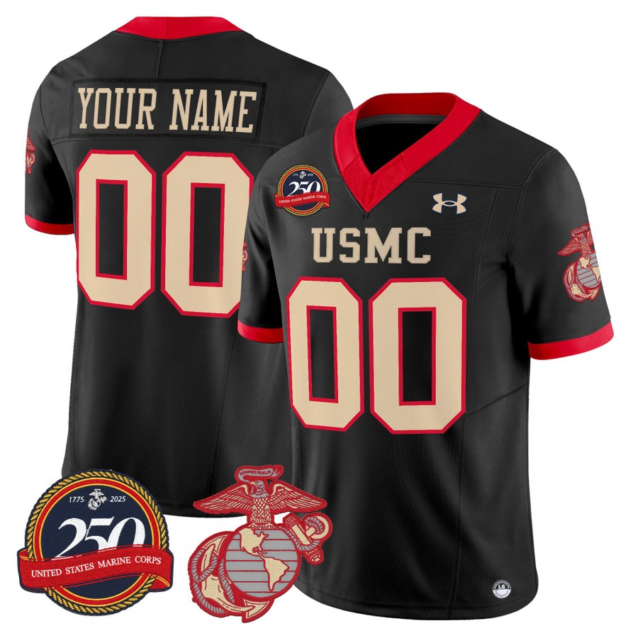 Men's United States Marine Corps Custom football with 250th Anniversary Patch Vapor fuse Limited Stitched Jersey Black