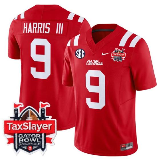 Men's Nike Stitched Tre Harris Jersey #9 Ole Miss Rebels 2024 Gator Bowl Patch FUSE Limited Football V2 Red