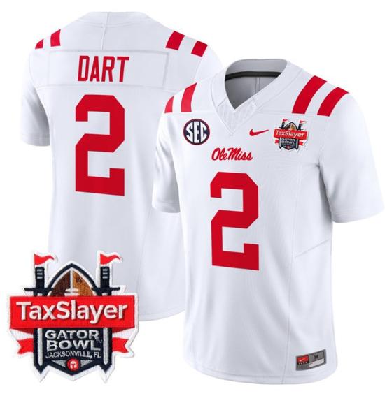 Men's Nike Stitched Jaxson Dart Jersey #2 Ole Miss Rebels 2024 Gator Bowl Patch FUSE Limited Football V2 White