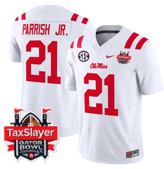 Men's Nike Stitched Henry Parrish Jr Jersey #21 Ole Miss Rebels 2024 Gator Bowl Patch FUSE Limited Football V2 White