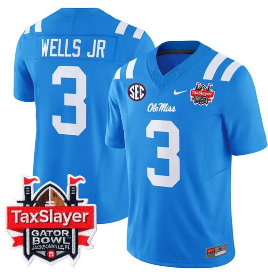 Men's Nike Stitched Antwane Wells Jr Jersey #3 Ole Miss Rebels 2024 Gator Bowl Patch FUSE Limited Football V2 Powder Blue