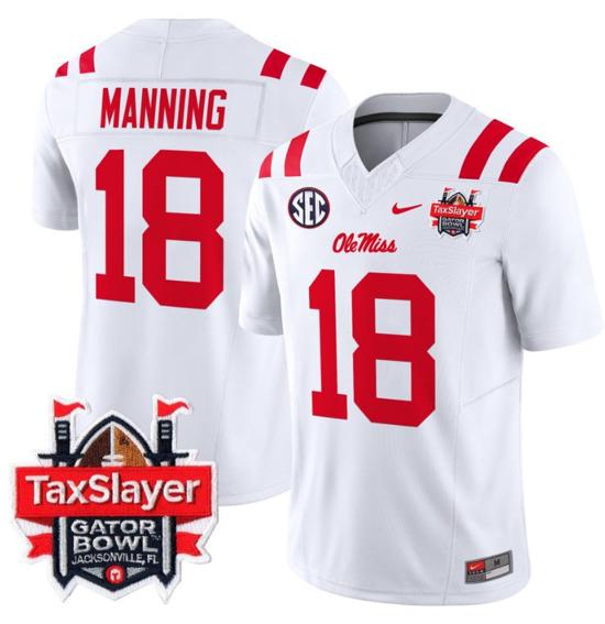 Men's Nike Stitched Archie Manning Jersey #18 Ole Miss Rebels 2024 Gator Bowl Patch FUSE Limited Football V2 White