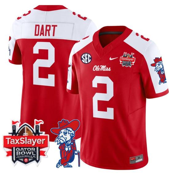 Men's Nike Stitched Jaxson Dart Jersey #2 Ole Miss Rebels 2024 Gator Bowl Patch FUSE Limited Football V2 Red Alternate