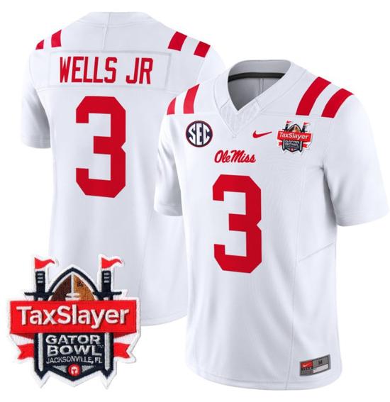 Men's Nike Stitched Antwane Wells Jr Jersey #3 Ole Miss Rebels 2024 Gator Bowl Patch FUSE Limited Football V2 White