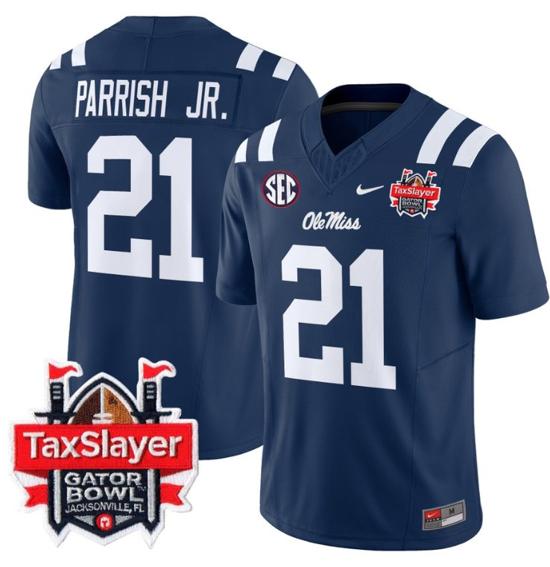 Men's Nike Stitched Henry Parrish Jr Jersey #21 Ole Miss Rebels 2024 Gator Bowl Patch FUSE Limited Football V2 Navy