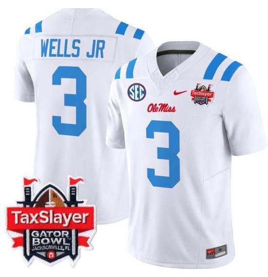 Men's Nike Stitched Antwane Wells Jr Jersey #3 Ole Miss Rebels 2024 Gator Bowl Patch FUSE Limited Football V2 2024 White