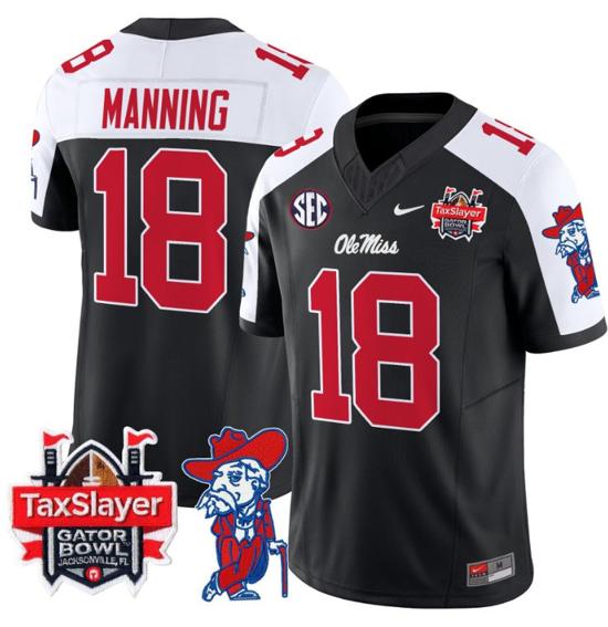 Men's Nike Stitched Archie Manning Jersey #18 Ole Miss Rebels 2024 Gator Bowl Patch FUSE Limited Football V2 Black Alternate