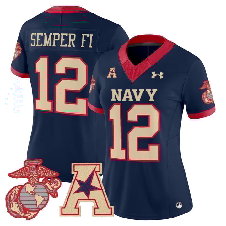 Women's Navy Midshipmen #12 Semper Fi Vapor USMC Premier Stitched football Jersey - Navy