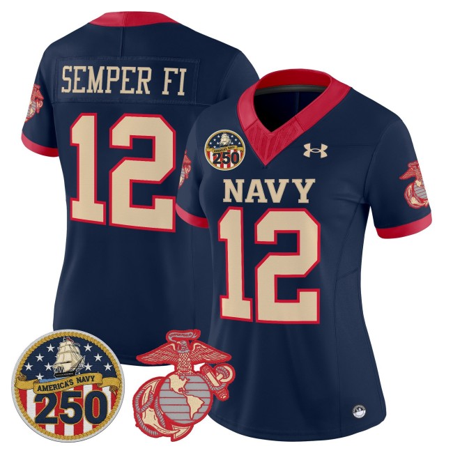 Women's Navy Midshipmen #12 Semper Fi Vapor USMC Premier Stitched football Jersey with 250th Anniversary Patch Navy