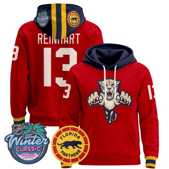 Men's Florida Panthers #13 Sam Reinhart Red 2026 Winter Classic Premium Stitched Pullover Hoodie