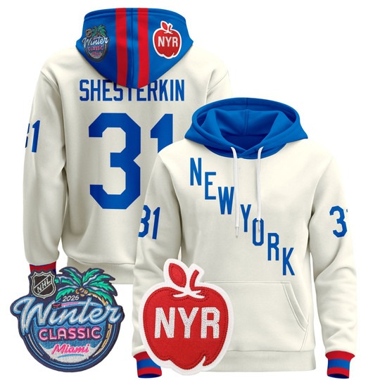 Men's New York Rangers #31 Igor Shesterkin Beige 2026 Winter Classic Premium Stitched Pullover Hoodie