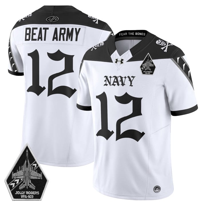 Men's Navy Midshipmen #12 Beat Army 'Jolly Rogers Gothic Squadron Edition' Vapor Limited Stitched Jersey White