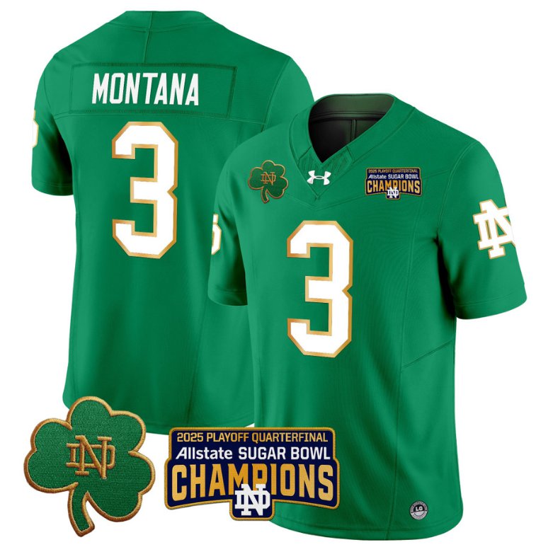 Men's Notre Dame Fighting Irish #3 Joe Montana 2025 Sugar Bowl Champions Patch Green Stitched Jersey