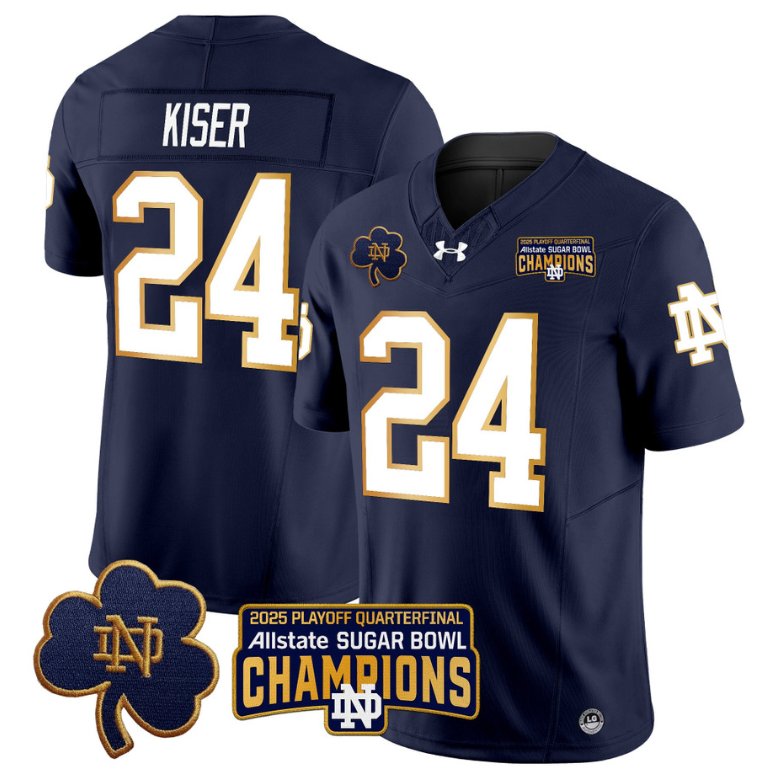 Men's Notre Dame Fighting Irish #24 Jack Kiser 2025 Sugar Bowl Champions Patch Navy Stitched Jersey