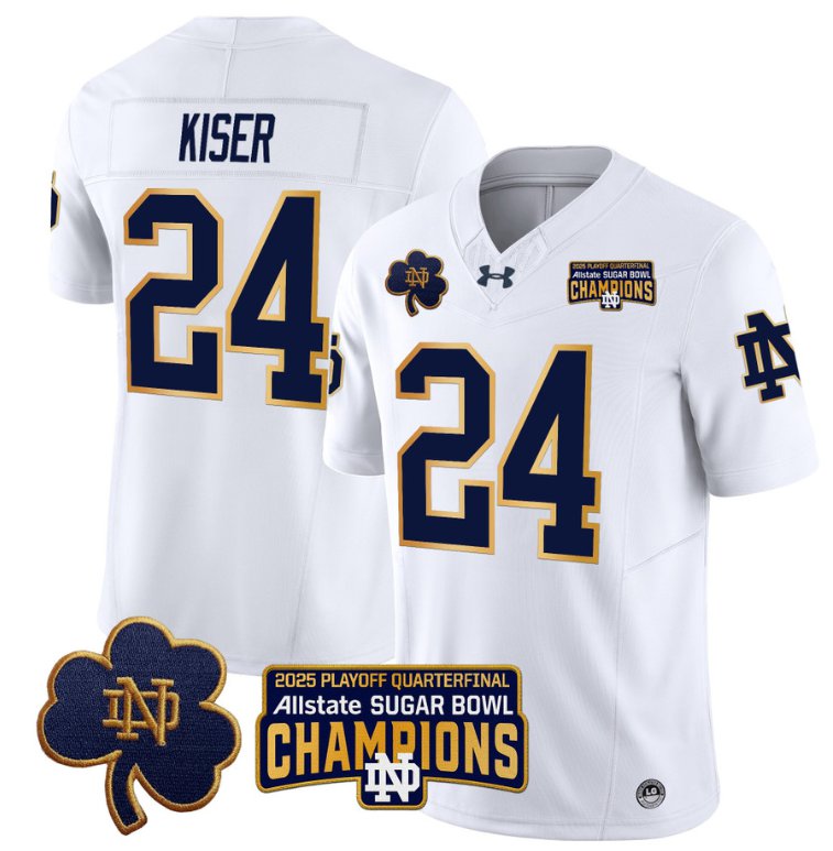 Men's Notre Dame Fighting Irish #24 Jack Kiser 2025 Sugar Bowl Champions Patch White Stitched Jersey