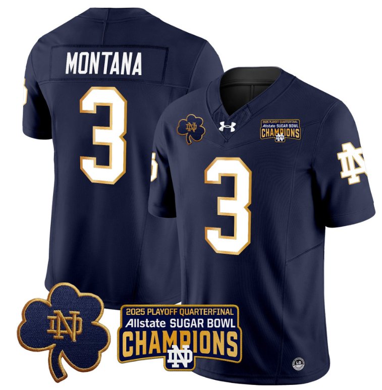 Men's Notre Dame Fighting Irish #3 Joe Montana 2025 Sugar Bowl Champions Patch Navy Stitched Jersey